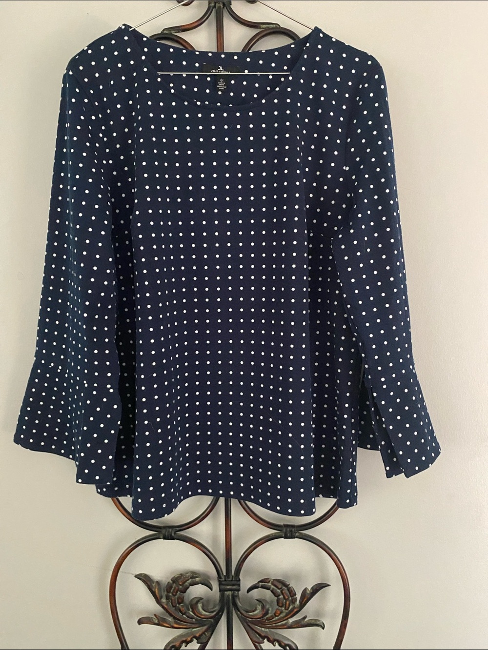 Navy Blue Polka Dot Long-Sleeve Women's Top